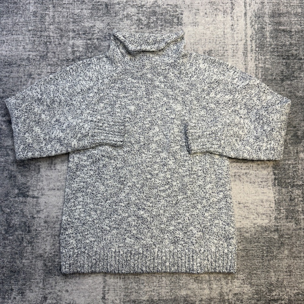 LL Bean Sweater Womens Small Gray Navy Cotton Ragg Roll Funnel Neck Pullover
